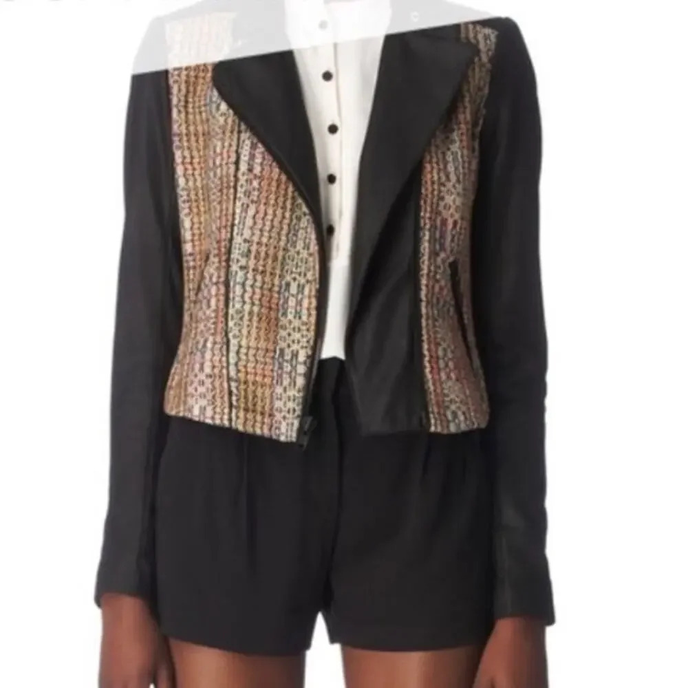 Theory Assymetrical Leather Silk Tweed Rainbow Moto Jacket Size 4